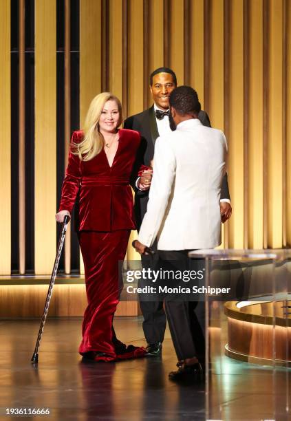 Christina Applegate and host Anthony Anderson speak onstage during the 75th Primetime Emmy Awards at Peacock Theater on January 15, 2024 in Los...