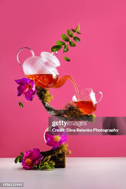 gravity-defying tea pour with floral accents, rosehip flowers, hot drink photography - teapot stock pictures, royalty-free photos & images