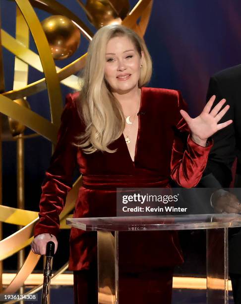 Christina Applegate speaks speaks onstage during the 75th Primetime Emmy Awards at Peacock Theater on January 15, 2024 in Los Angeles, California.