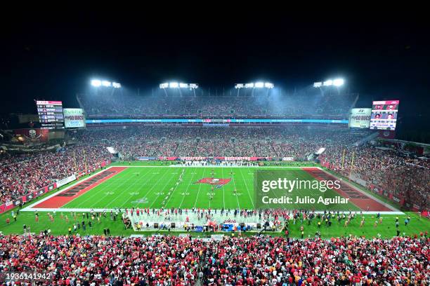 The Philadelphia Eagles kick the ball off to the Tampa Bay Buccaneers to start the first quarter in the NFC Wild Card Playoffs at Raymond James...