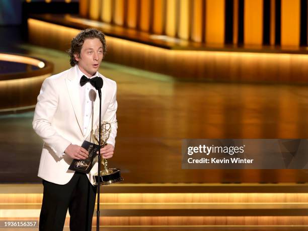 Jeremy Allen White accepts the Outstanding Lead Actor in a Comedy Series award for “The Bear” onstage during the 75th Primetime Emmy Awards at...