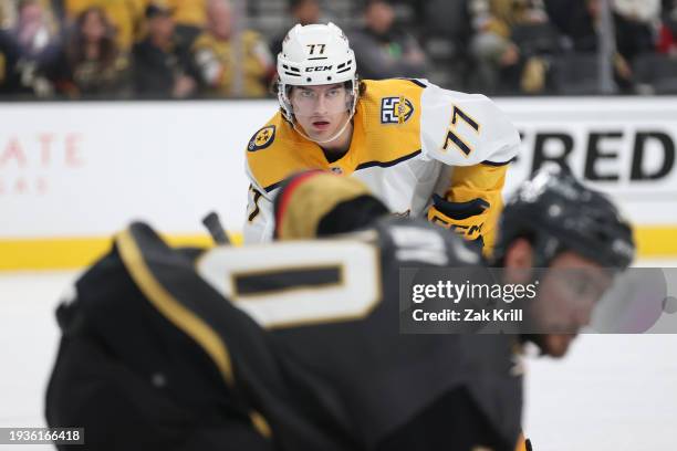 Luke Evangelista of the Nashville Predators looks on during the third period against the Vegas Golden Knights at T-Mobile Arena on January 15, 2024...