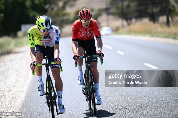 Georg Zimmermann of Germany and Team Intermarche - Wanty and Louis Barre of France and Team Arkea-B&B Hotels compete in the breakaway during the 24th...