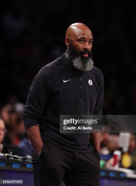 Brooklyn Nets Head Coach Jacque Vaughn looks on against the Miami Heat during their game at Barclays Center on January 15, 2024 in New York City....