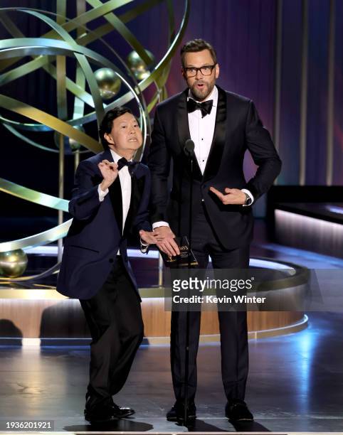 Ken Jeong and Joel McHale speak onstage during the 75th Primetime Emmy Awards at Peacock Theater on January 15, 2024 in Los Angeles, California.