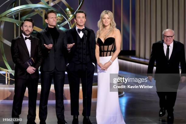 Charlie Day, Glenn Howerton, Rob McElhenney, Kaitlin Olson and Danny DeVito speak onstage during the 75th Primetime Emmy Awards at Peacock Theater on...