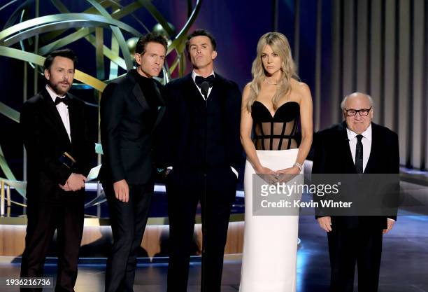 Charlie Day, Glenn Howerton, Rob McElhenney, Kaitlin Olson and Danny DeVito speak onstage during the 75th Primetime Emmy Awards at Peacock Theater on...