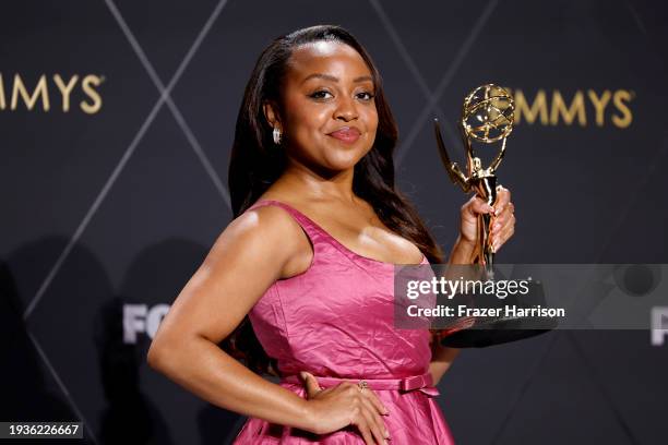 Quinta Brunson, winner of the Outstanding Lead Actress in a Comedy Series award for "Abbott Elementary," poses in the press room during the 75th...