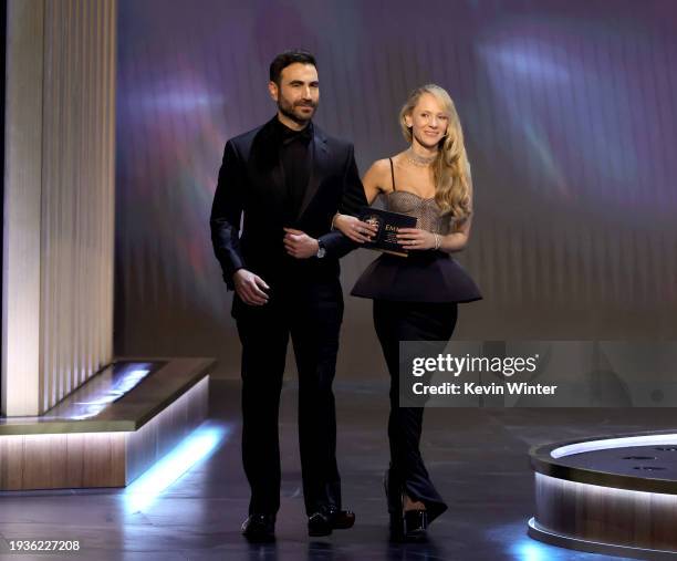 Brett Goldstein and Juno Temple speak onstage during the 75th Primetime Emmy Awards at Peacock Theater on January 15, 2024 in Los Angeles, California.