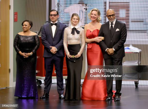 Chandra Wilson, Justin Chambers, Ellen Pompeo, Katherine Heigl and James Pickens speak onstage during the 75th Primetime Emmy Awards at Peacock...