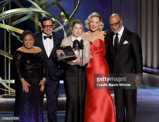 Chandra Wilson, Justin Chambers, Ellen Pompeo, Katherine Heigl and James Pickens speak onstage during the 75th Primetime Emmy Awards at Peacock...