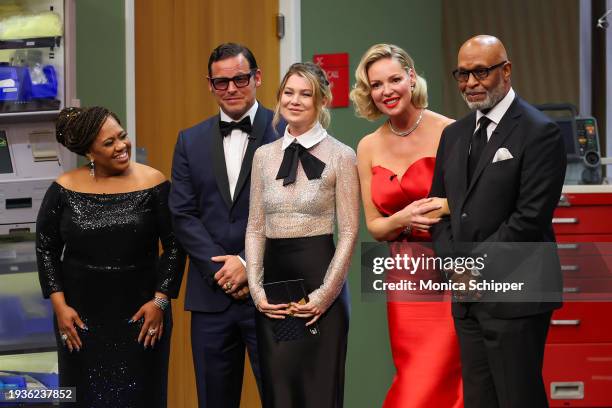 Chandra Wilson, Justin Chambers, Ellen Pompeo, Katherine Heigl and James Pickens Jr. Speak onstage during the 75th Primetime Emmy Awards at Peacock...