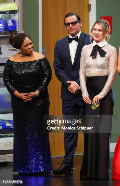 Chandra Wilson, Justin Chambers and Ellen Pompeo speak onstage during the 75th Primetime Emmy Awards at Peacock Theater on January 15, 2024 in Los...