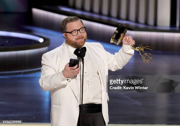 Paul Walter Hauser accepts the Outstanding Supporting Actor in a Limited or Anthology Series or Movie award for "Black Bird" onstage during the 75th...
