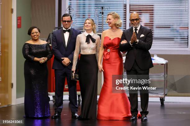 Chandra Wilson, Justin Chambers, Ellen Pompeo, Katherine Heigl and James Pickens speak onstage during the 75th Primetime Emmy Awards at Peacock...