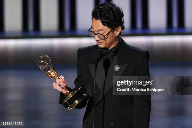 Lee Sung Jin accepts the Outstanding Directing for a Limited or Anthology Series or Movie award for "Beef" onstage during the 75th Primetime Emmy...