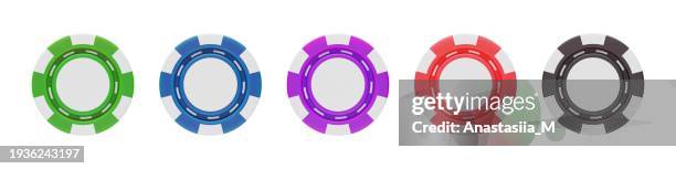 set of casino chips 3d rendering, front view - token stock illustrations
