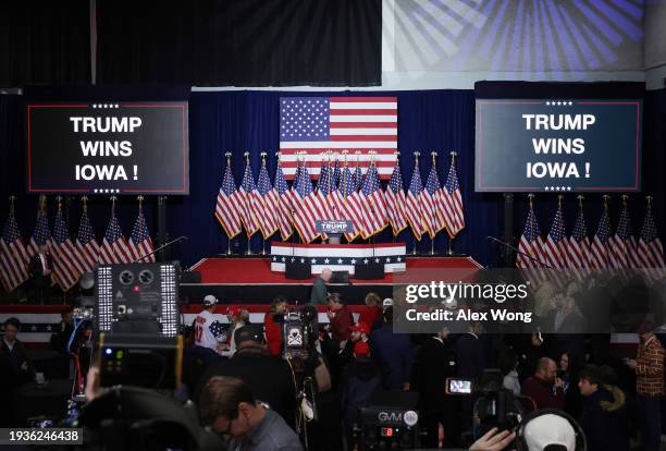 The stage is set at former President Donald Trump's caucus night event at the Iowa Events Center on January 15, 2024 in Des Moines, Iowa. Iowans...