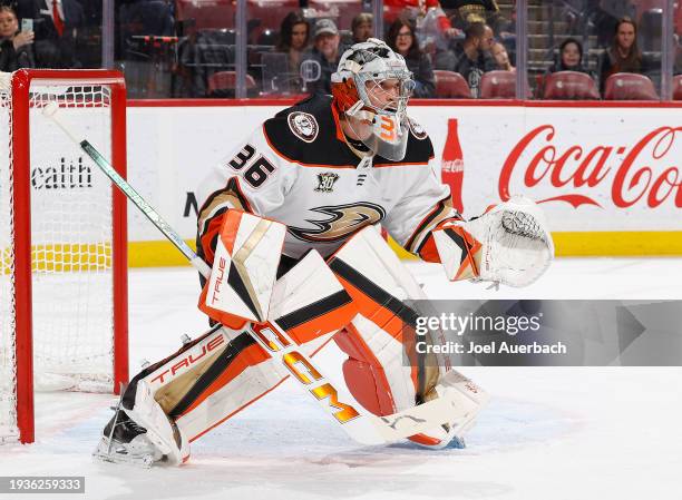 Goaltender John Gibson of the Anaheim Ducks defends the net against the Florida Panthers at the Amerant Bank Arena on January 15, 2024 in Sunrise,...