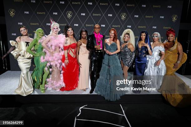 RuPaul and winners of Outstanding Reality TV Competition for "RuPaul's Drag Race" pose in the press room during the 75th Primetime Emmy Awards at...