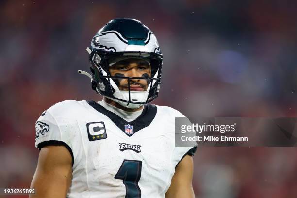Jalen Hurts of the Philadelphia Eagles reacts against the Tampa Bay Buccaneers during the second quarter in the NFC Wild Card Playoffs at Raymond...