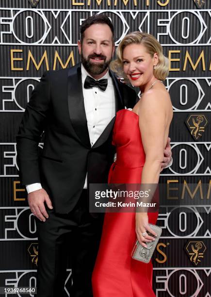 Josh Kelley and Katherine Heigl attend the 75th Primetime Emmy Awards at Peacock Theater on January 15, 2024 in Los Angeles, California.