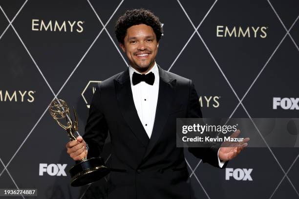 Trevor Noah, winner of Outstanding Talk Series for "The Daily Show With Trevor Noah," poses in the press room during the 75th Primetime Emmy Awards...