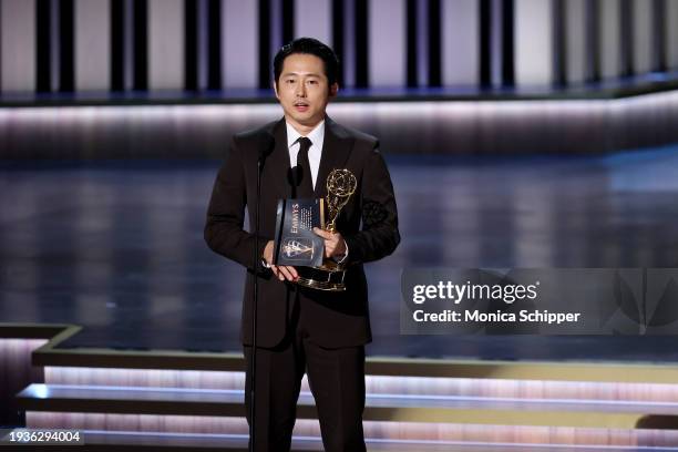Steven Yeun accepts the Outstanding Lead Actor in a Limited or Anthology Series or Movie award for “Beef” onstage during the 75th Primetime Emmy...