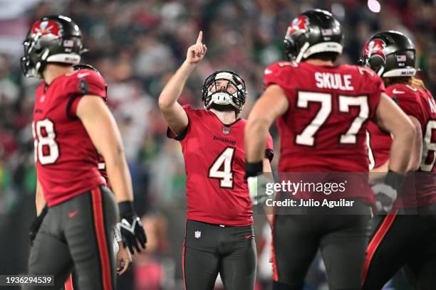Chase McLaughlin of the Tampa Bay Buccaneers celebrates after kicking a 48 yard field goal against the Philadelphia Eagles during the second quarter...