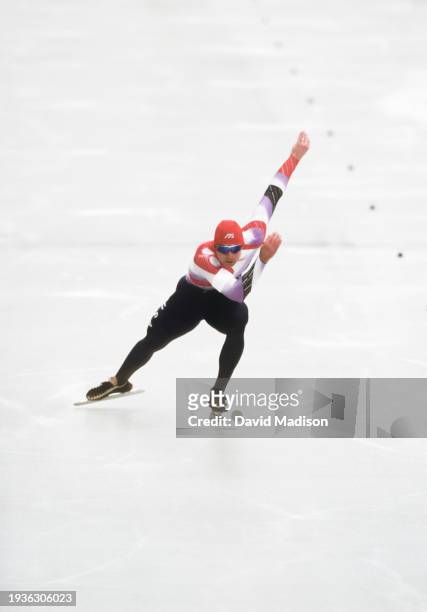 Nick Thometz of the United States competes in the Men's 500 meters long track speed skating event of the 1992 Winter Olympics held on February 15,...