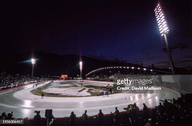 General view of the long track speed skating venue during the 1992 Winter Olympics held in February 1992 at L'anneau de Vitesse rink in Albertville,...