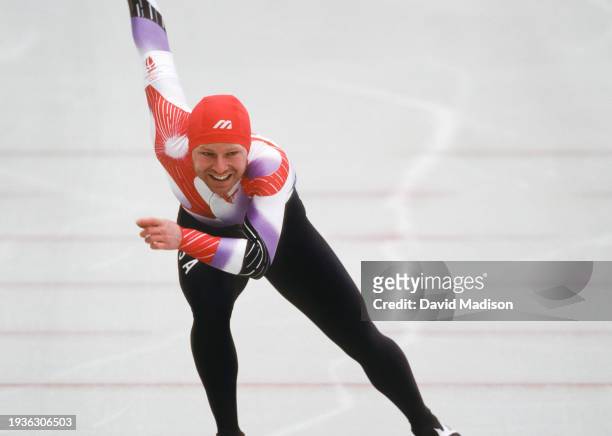 Marty Pierce of the United States competes in the Men's 500 meters long track speed skating event of the 1992 Winter Olympics held on February 15,...