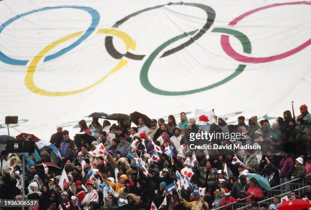 General view of spectators and the Olympic Rings at the long track speed skating venue during the 1992 Winter Olympics held in February 1992 at...