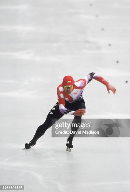 Dan Jansen of the United States competes in the Men's 500 meters long track speed skating event of the 1992 Winter Olympics held on February 15, 1992...