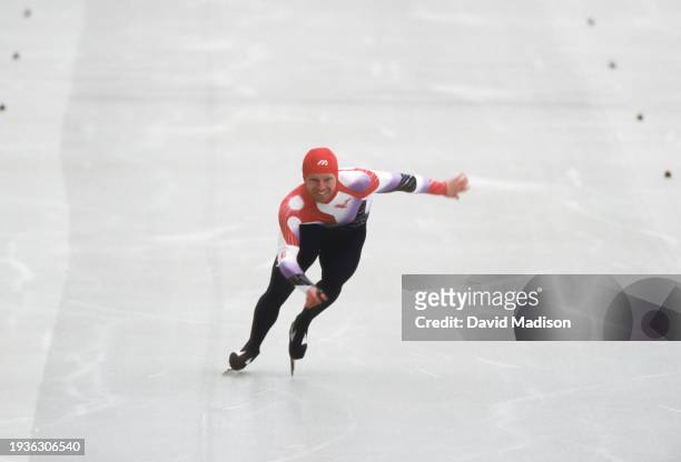Marty Pierce of the United States competes in the Men's 500 meters long track speed skating event of the 1992 Winter Olympics held on February 15,...