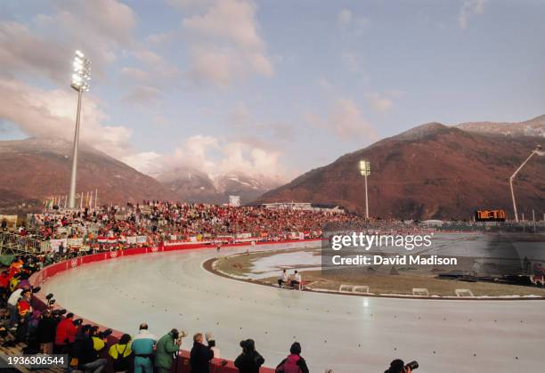 General view of the long track speed skating venue during the 1992 Winter Olympics held in February 1992 at L'anneau de Vitesse rink in Albertville,...