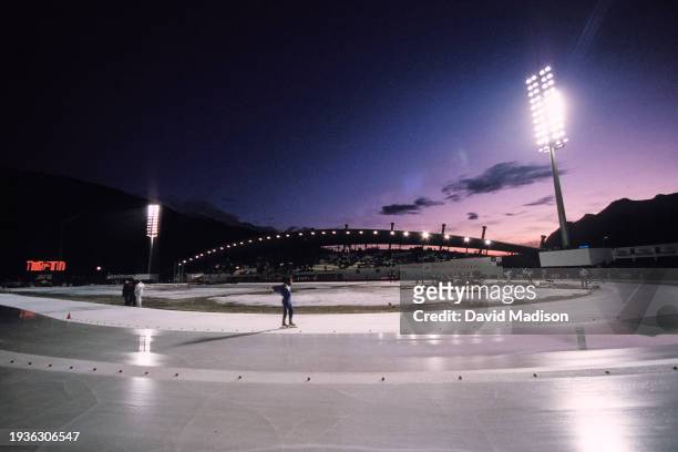 General view of the long track speed skating venue during the 1992 Winter Olympics held in February 1992 at L'anneau de Vitesse rink in Albertville,...