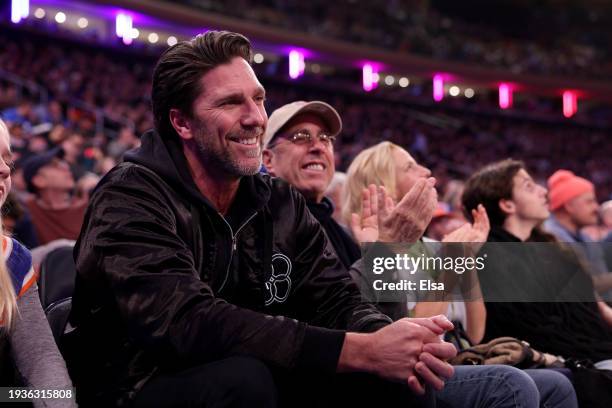 Former New York Rangers goaltender Henrik Lundqvist and comedian Jerry Seinfeld attend the game between the New York Knicks and the Orlando Magic at...