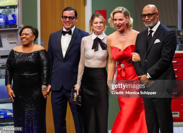 Chandra Wilson, Justin Chambers, Ellen Pompeo, Katherine Heigl and James Pickens Jr. Speak onstage during the 75th Primetime Emmy Awards at Peacock...