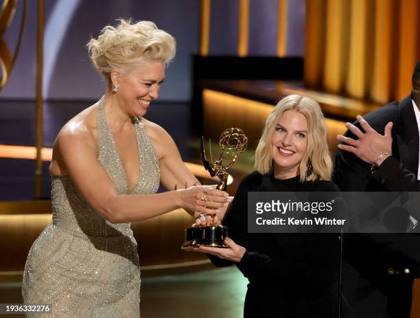 Hannah Waddingham presents the Governors Award to President and CEO of GLAAD Sarah Kate Ellis onstage during the 75th Primetime Emmy Awards at...
