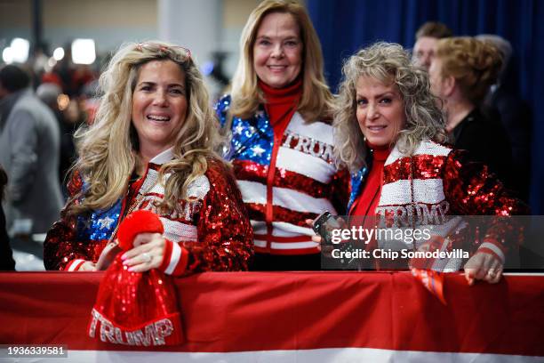 Supporters of former President Donald Trump attend his caucus night event at the Iowa Events Center on January 15, 2024 in Des Moines, Iowa. Iowans...