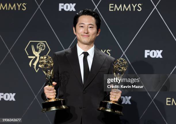 Steven Yeun, winner of Outstanding Lead Actor In A Limited Or Anthology Series Or Movie and Outstanding Limited Or Anthology Series for "Beef," poses...