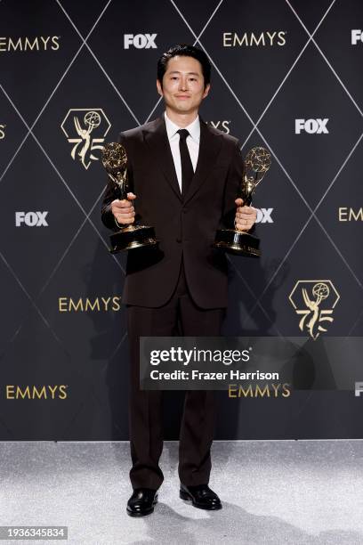 Steven Yeun, winner of Outstanding Lead Actor In A Limited Or Anthology Series Or Movie and Outstanding Limited Or Anthology Series for "Beef," poses...