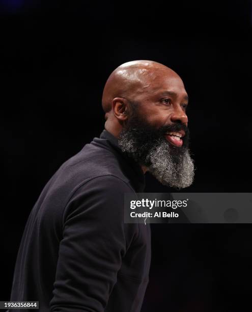 Brooklyn Nets Head Coach Jacque Vaughn looks on against the Miami Heat during their game at Barclays Center on January 15, 2024 in New York City....