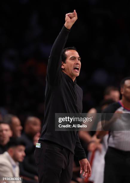 Miami Heat Head Coach Erik Spolestra shouts instructions against the Brooklyn Nets during their game at Barclays Center on January 15, 2024 in New...