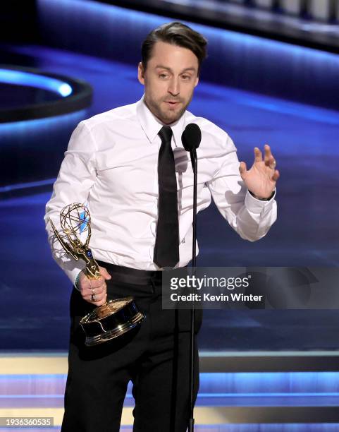 Kieran Culkin accepts the Outstanding Lead Actor in a Drama Series award for “Succession” onstage during the 75th Primetime Emmy Awards at Peacock...