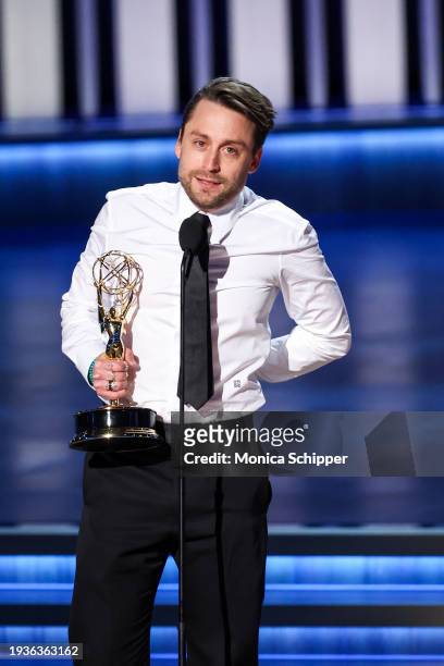 Kieran Culkin accepts the Outstanding Lead Actor in a Drama Series award for “Succession” onstage during the 75th Primetime Emmy Awards at Peacock...
