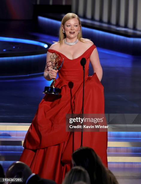 Sarah Snook accepts the Outstanding Lead Actress in a Drama Series award for “Succession” onstage during the 75th Primetime Emmy Awards at Peacock...