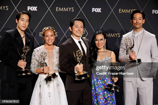 Young Mazino, Maria Bello, Steven Yeun, Ali Wong, and Joseph Lee, winners of Outstanding Limited Or Anthology Series for "Beef," pose in the press...