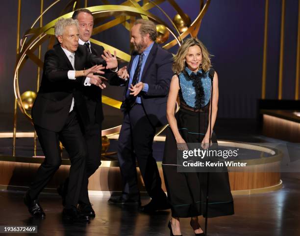 Greg Germann, Gil Bellows, Peter MacNicol, and Calista Flockhart perform onstage during the 75th Primetime Emmy Awards at Peacock Theater on January...